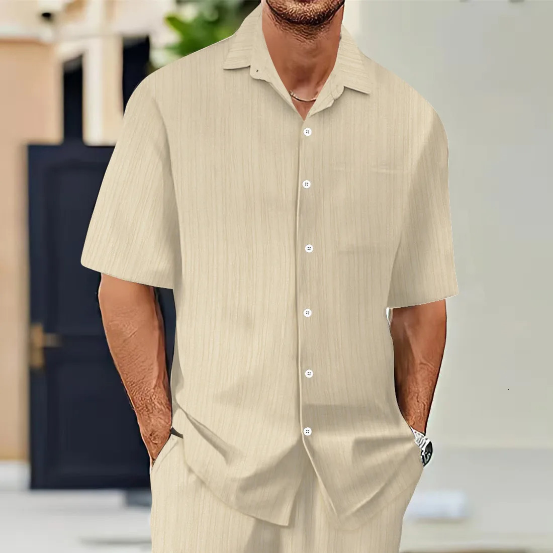 Mens ShortSleeved Shirts Summer Solid Color Turndown collar Casual Beach Style Plus Size 250807