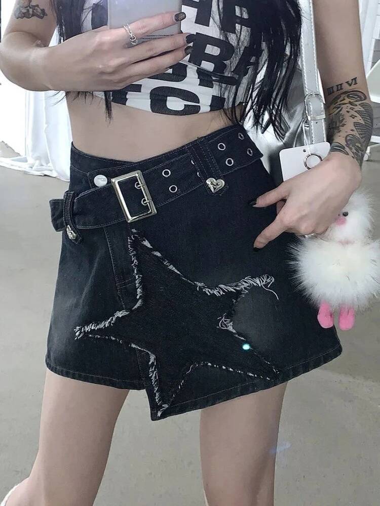 2025 Summer New Women's Zoki Retro Star Y K Cowboy Skirt High Waist Harajuku Belt Black Mini American Street Wear fashion Gothic Designer