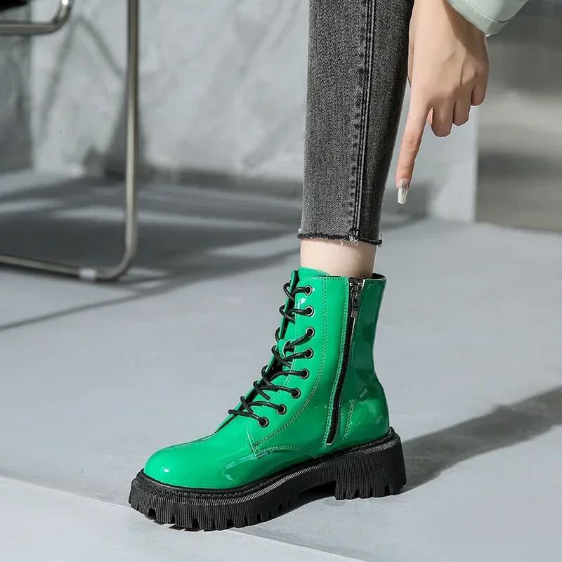 Lace Up Pink Ankle Boots Woman Patent Leather Platform Motorcycle Thick Heels Zipper Short Booties 250801