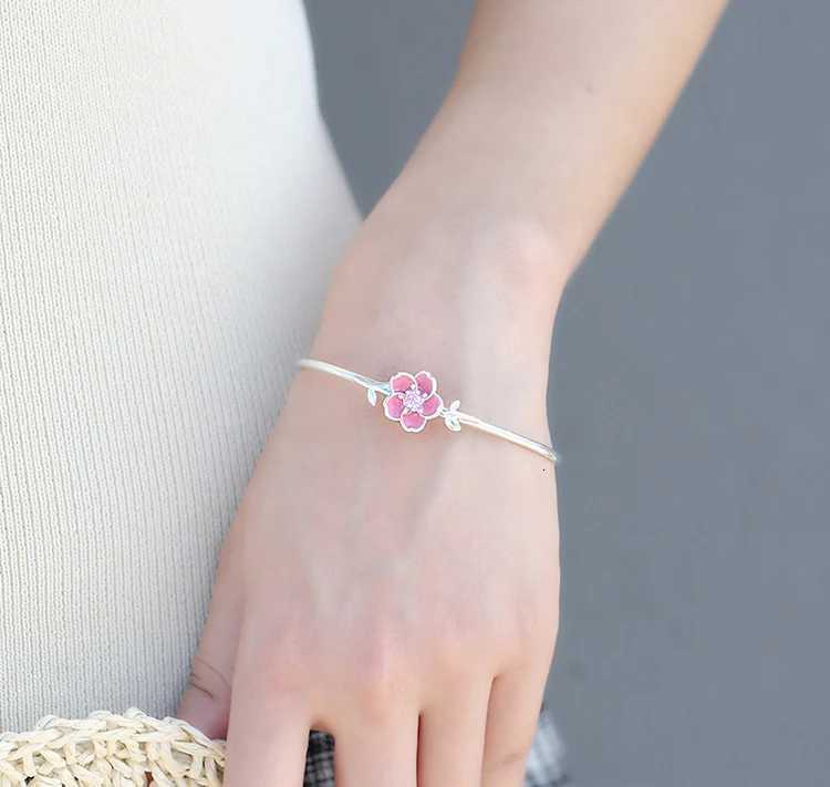 Personality New Art 925 Sterling Silver Jewelry Female Simple Bar Pink Plum Flower High-Quality Popular Open Bracelet Z250807