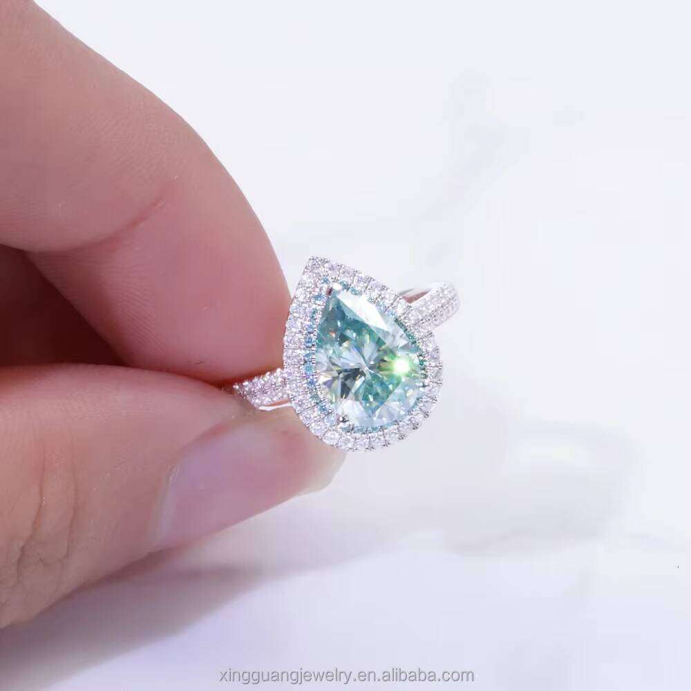 Customized Halo Design Blue 6x8mm Pear Dia Moissanite Fashion White Gold Rings Wedding Fine Jewelry Women Ring
