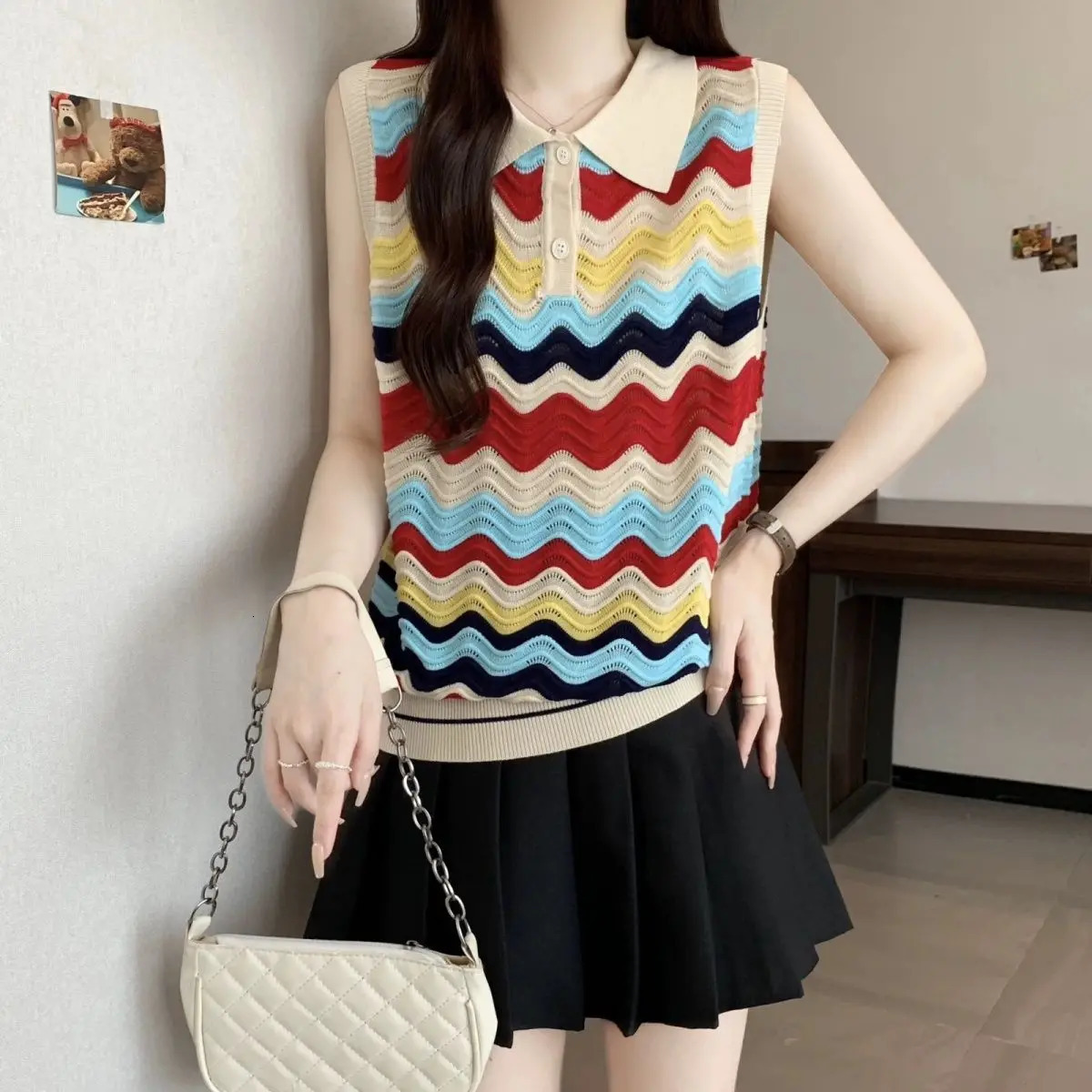 Multicolor Striped PoloNeck Tank Top 2025 Summer Oversized Fashion Patchwork Knitting Hollow Out Sweater Women Tops 250807