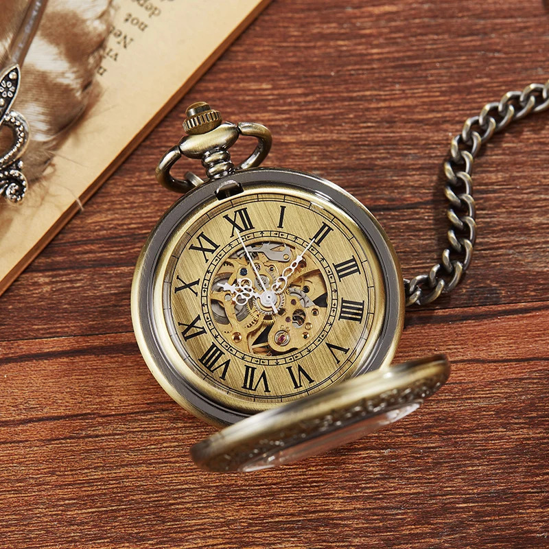 Vintage Gold Bronze Mechanical Pocket Watch Hand Winding Skeleton Roman Numerals Dial Fob Chain Clock for Men Drop 250807