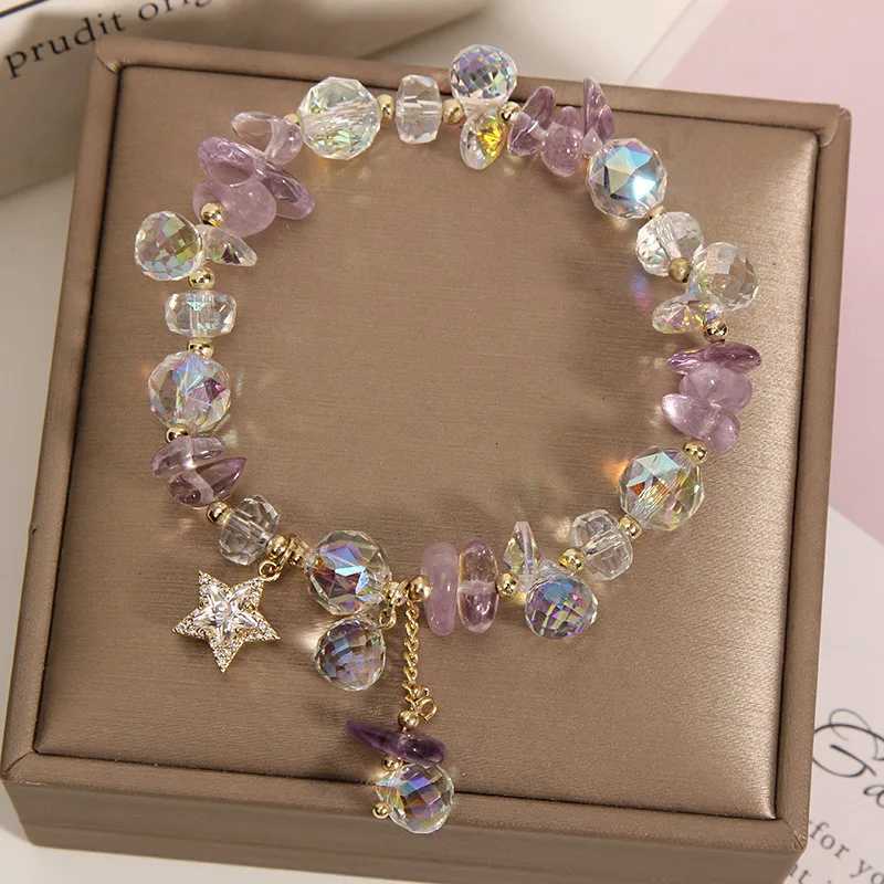 ZAKOL Versatile Purple Crystal Bead Bracelet With Star Zircon Pendant Shiny Stone Womens Summer Fashion Wristband Jewelry Z250807