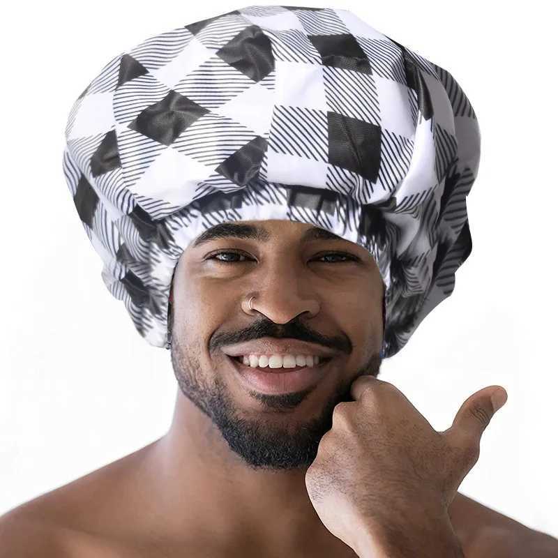 2 Layer Waterproof Oxford Cloth Shower Cap Long Hair Oil Print Hat Suitable for Men with Thick Long Braided Hair Z250808