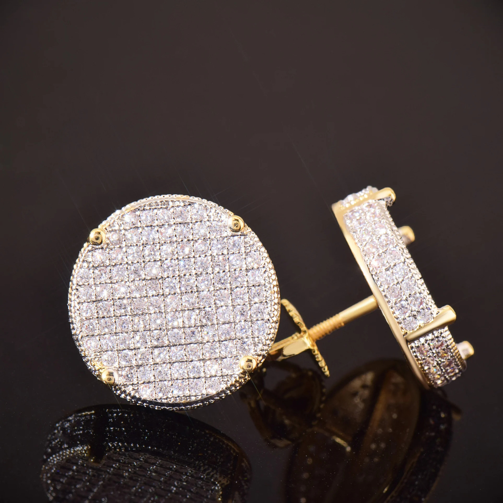 CUC 14MM Big Round Stud Earring Screw Back Iced Out Cubic Zirconia Men Women Earrings Gold Color Hip Hop Jewelry Fashion Gift 250807