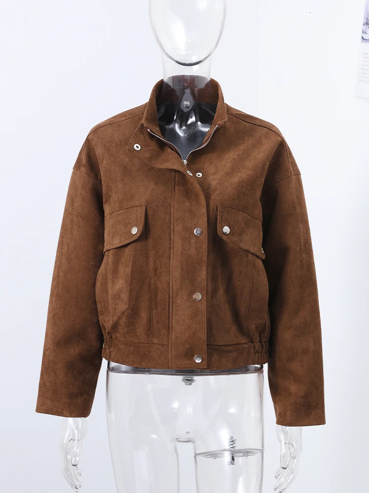 Urban Vintage Brown Suede Short Jackets Women Long Sleeve Zipper Pocket Bomber Coats Spring Fashion Lady Street Outwears 250805