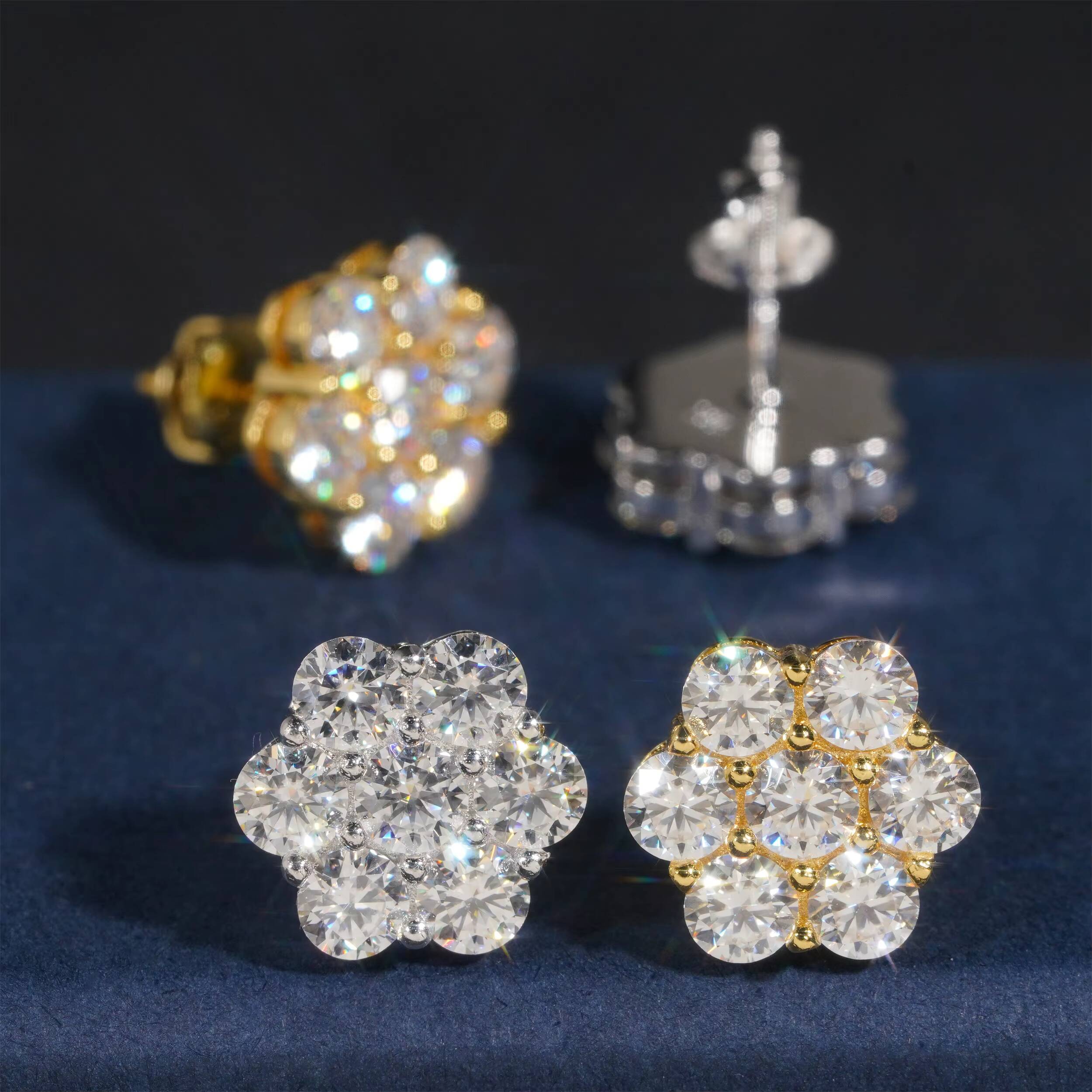 China Jewelry Wholesale Flower Shape Sterling Sier VVS Moissanite Cluster Stud Earrings White Gold Plated Ear Studs