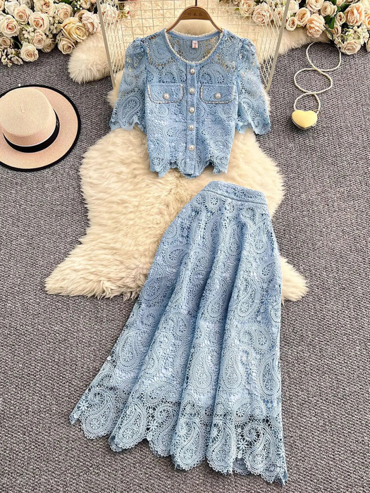 Elegant Pearl Long Dress Suits Women 2 Piece Sets Summer Short Sleeve Flower Embroidery Lace Shirt A Line Midi Skirt Sets 250728