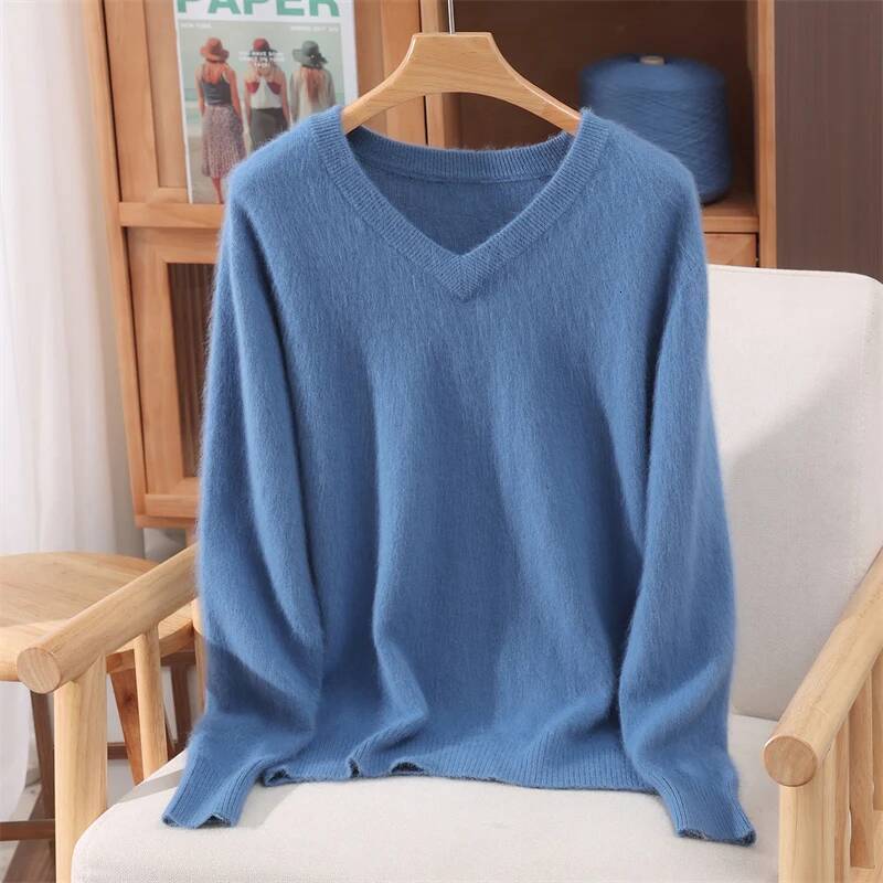 100% Mink Cashmere Sweater V-Neck Versatile Women Knitted Fall Winter Premium Clothes Casual Warm Long Sleeve Pullover dongdumaoyi