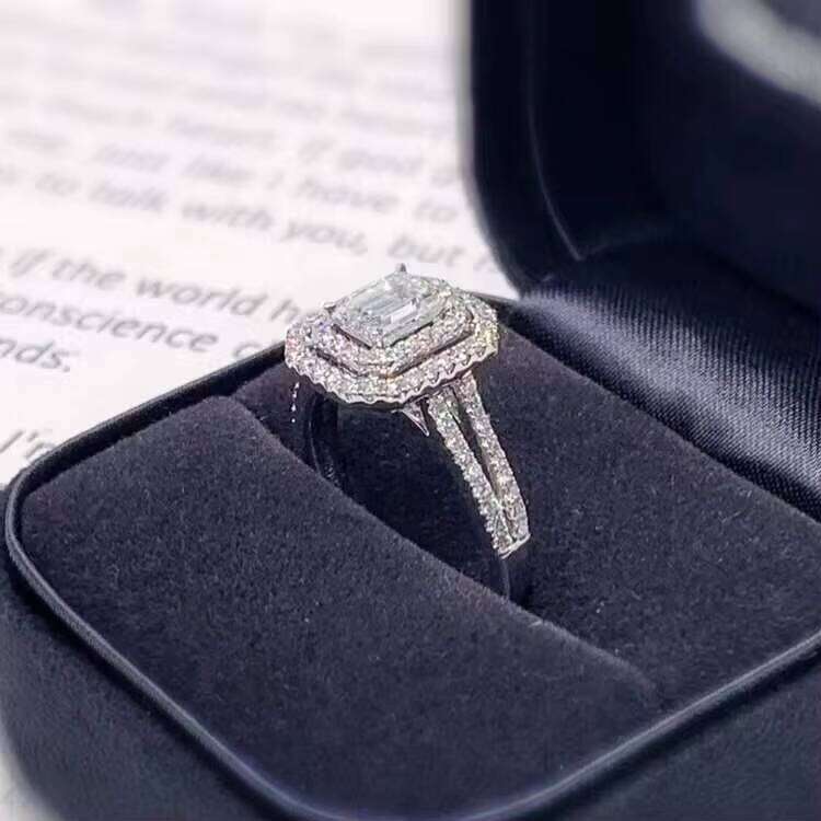 A White Gold 1CT Emerald Cut Moissanite Centre Gem with Double Halo Wedding Ring Women