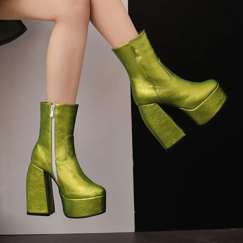 Sexy Chunky High Heels Ankle Shoes For Women Punk Style Zipper Thick Platform Green Blue Red Short Booties Plus Size 47 250801