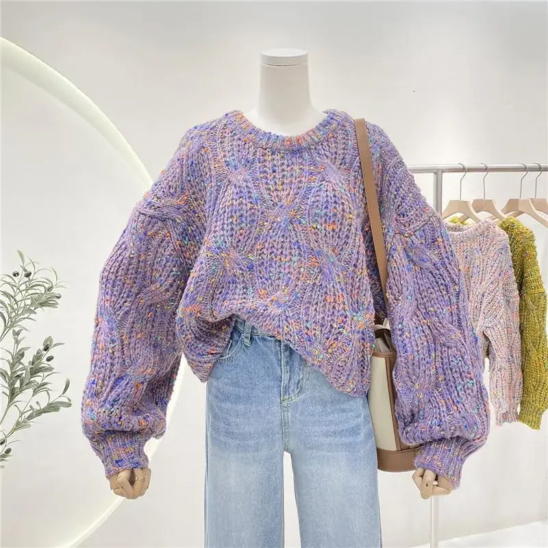 Dongdaemun Korea Autumn/Winter Arrival Knit Colorful Loose Fit Lantern Sleeve Cropped Sweater For Women Crew Neck Style 250804