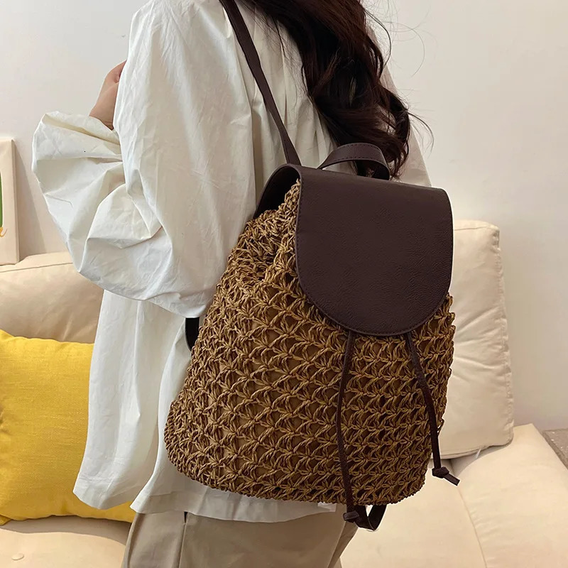 Vintage Straw Backpack Womens Fashion Shoulder Bag Versatile Straw Woven PU Leather Elegant er Backpack 250807
