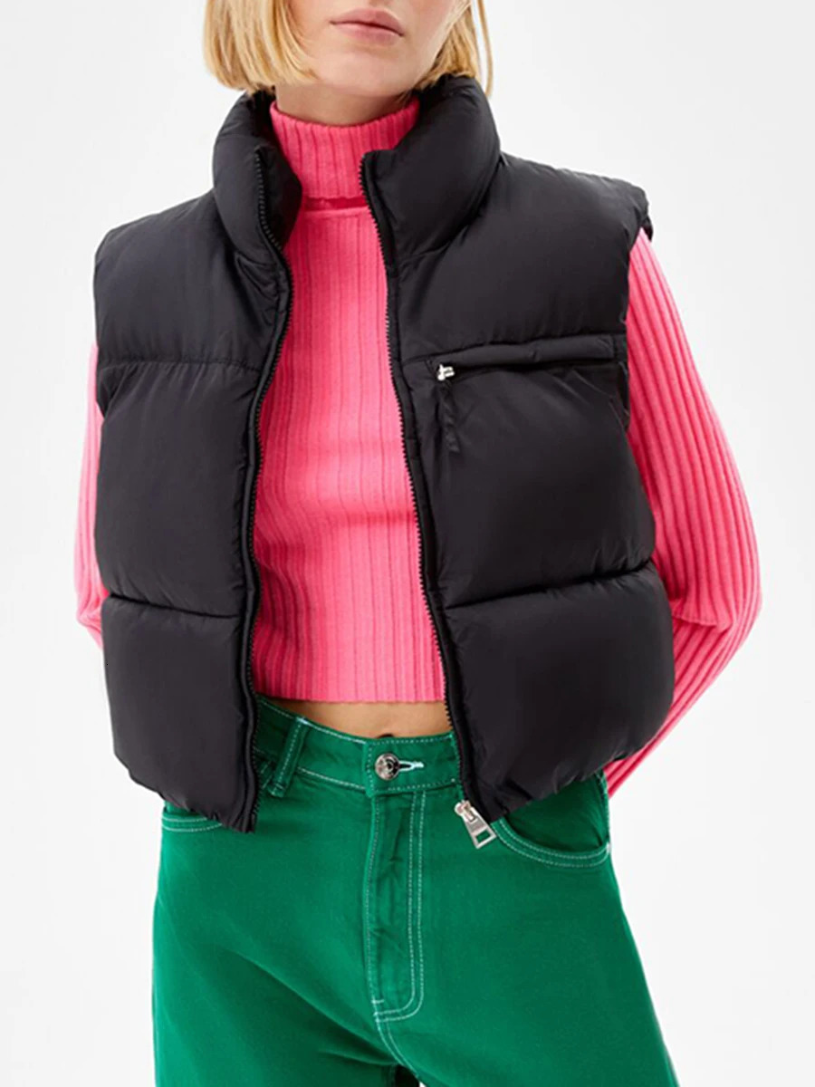 Fashion Women Cropped Puffer Vest Warm Solid Color Lightweight Sleeveless Zipper Down Jacket for Winter Outwear Streetwear 250804