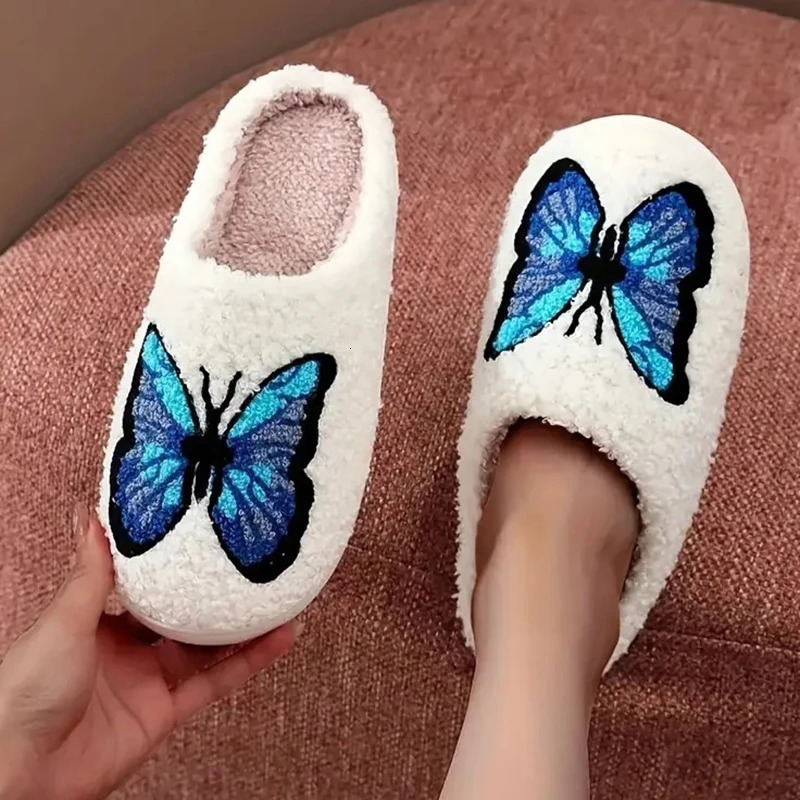 Lucyever Butterfly Embroidery Plush Woman Slippers Non Slip Soft Home Slides Shoes Women Winter Comfy Warm Cotton Shoes Female 250730