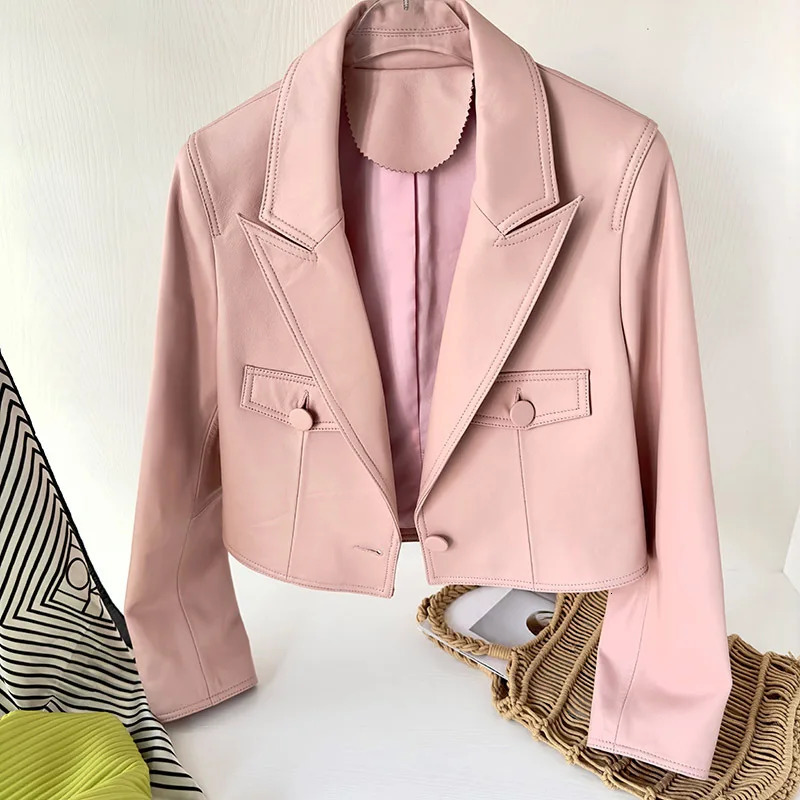 Short Genuine Leather Blazer Jackets for Women Fashion Pink Lapel Single Button Female Long Sleeve Sheepskin Jackets 250804