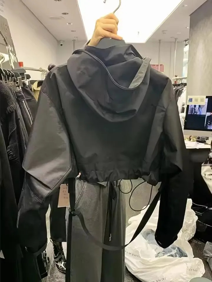 Fashion Short Hooded Jacket 2025 Spring Black Loose Motorcycle Coats Female Street Windbreak Short Basic Coat 250728