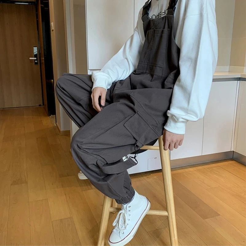 Suspenders Jumpsuit Pants Men Summer Overalls Japanese Loose Straps Casual Pockets Unisex Oversize Streetwear Solid Man Clothing 250804