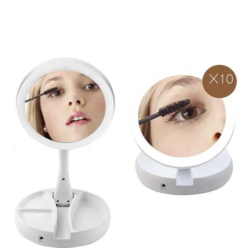 Foldable USB Charging or Battery LED Mirror Makeup White Vanity Cosmetic Mirror with Light 10X Magnifying Table Mirrors Z250807