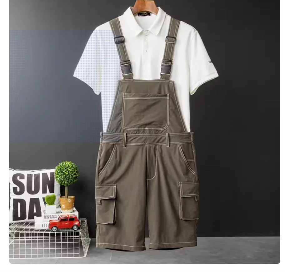 2024Summer men Bib overalls strap pants candy color multi pockets short suspender romper costume joggers Cargo Overalls 250804