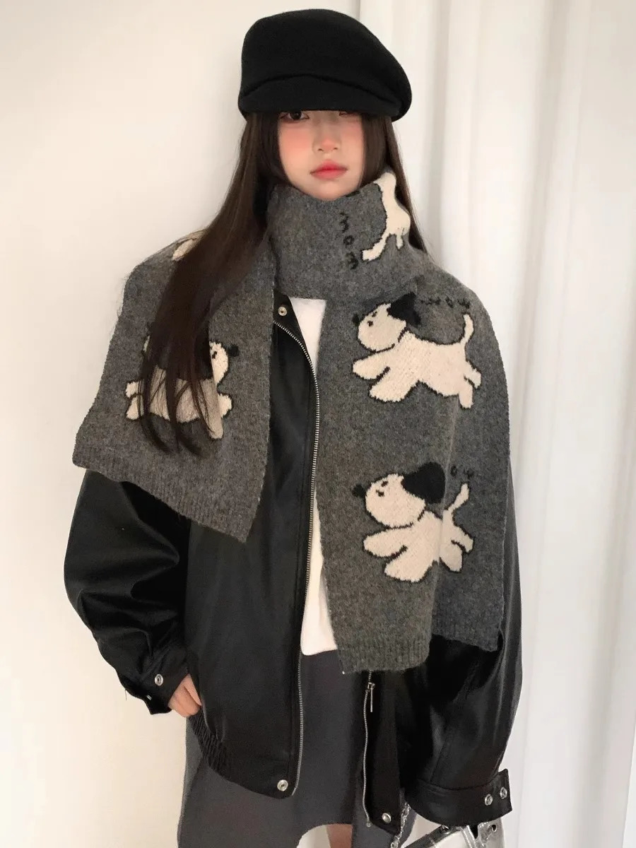 Cute Cartoon Small Dog Wool Blend Knit Scarf For Women Autumn And Winter Korean version Warm Neck Scarf Anti-Cold Gray 250807