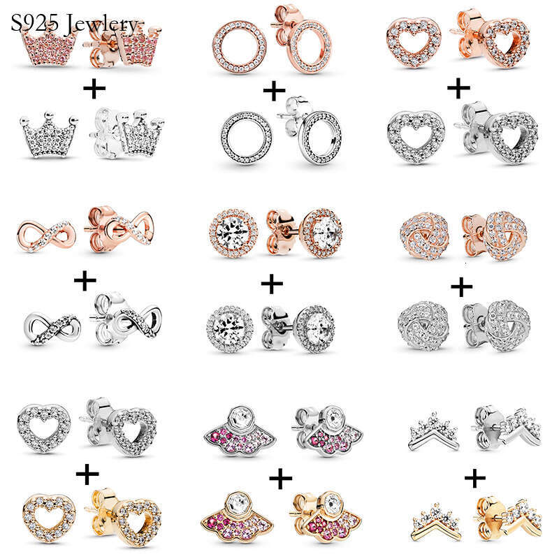New Popular High Quality 925 Sterling Silver Cz Stud Earrings Crown Heart Round Ladies Valentines Day Jewelry