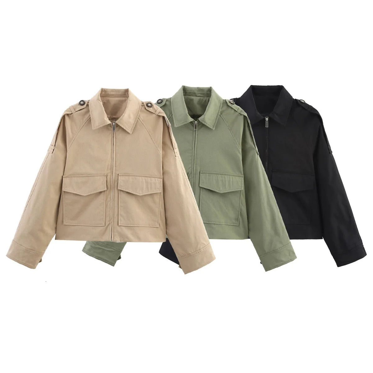 PB ZA2025 Summer Womens Casual Commuting Versatile Lapel Pocket Zipper Jacket Short Windbreaker 250728