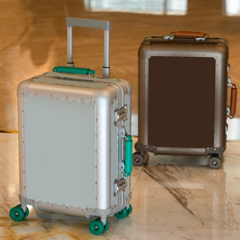 All aluminum luggage case luxury 20 inch boarding case leather suitcase travel suitcase large capacity luggage case metal hard trolley ca
