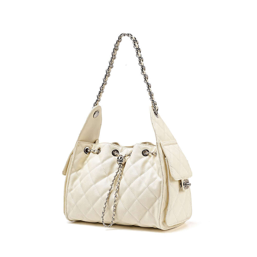 Quilted Genuine Leather Single Shoulder Underarm Caviar Pattern Large Capacity Hobo Bucket Drawstring Chain Crossbody Bag for Women