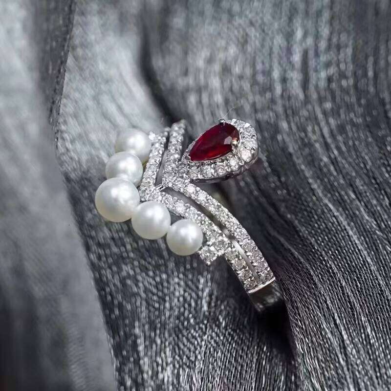 Jewelry Unique Design Natural Pearl Big Red Stone Ruby D Color VVS Moissanite White Gold Rings for Gift