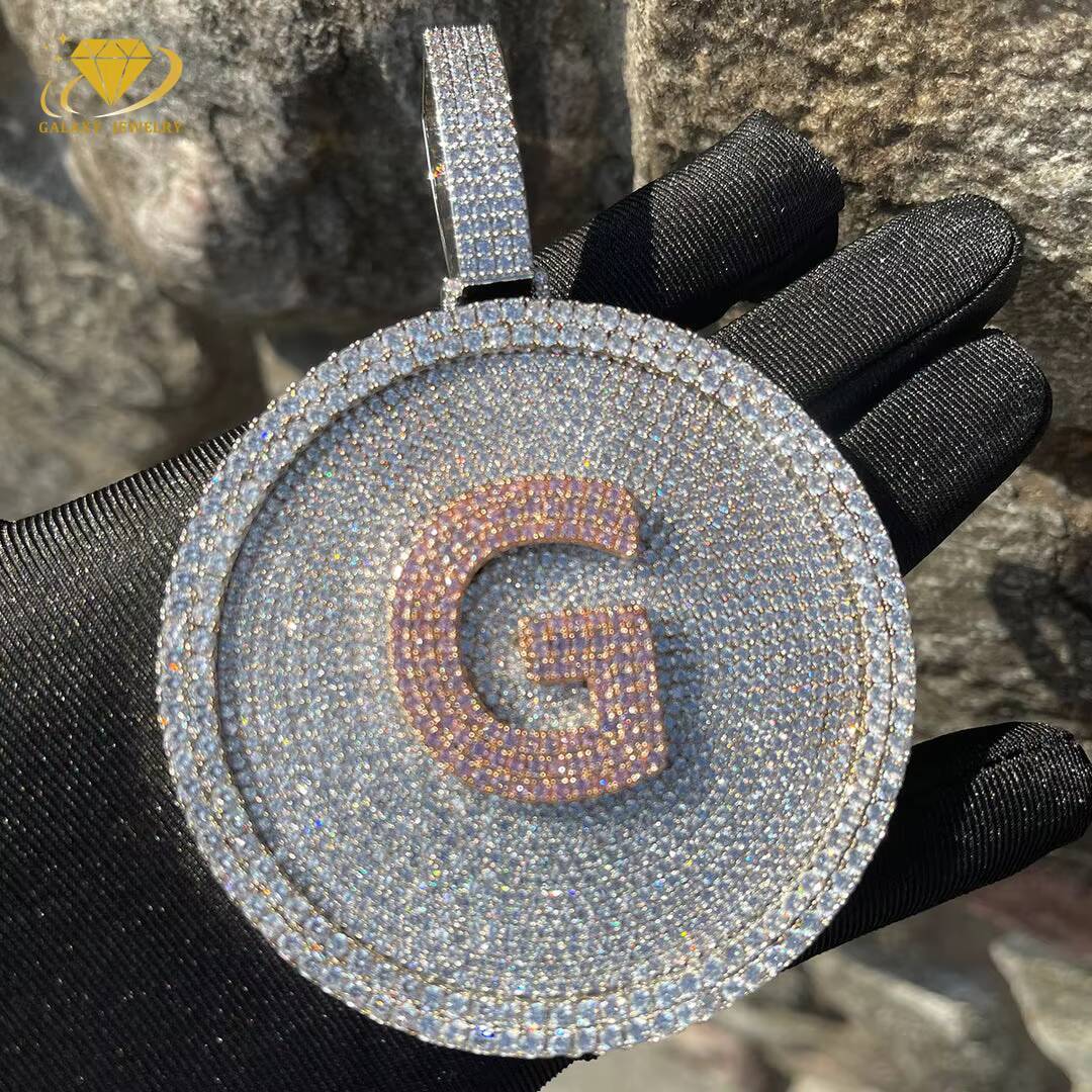 High Quality Hiphop Moissanite Gold Plated 925 Silver Pendant Fully Iced Out Custom Letter Necklace 3D Big Round Disc Pendant