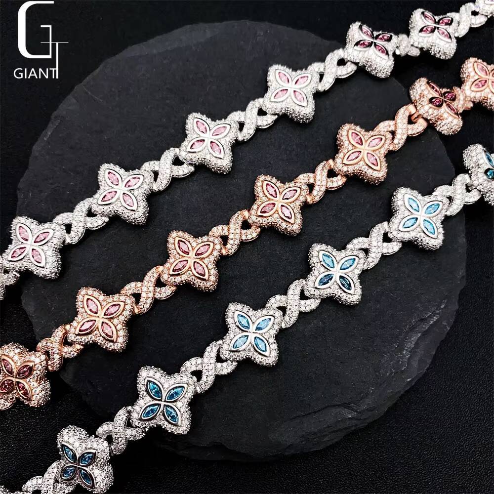 Luxury Colorful Marquise Flower Design 15mm Custom Iced Out Hip Hop Jewelry Cuban Link Chain 925 Silver VVS Moissanite Bracelet