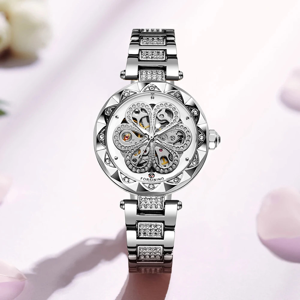 FORSINING Retro Elegant Women Automatic Mechanical Watch Skeleton Rhinestone Luminous Stainless Steel Stylish Female Wristwatch 250807