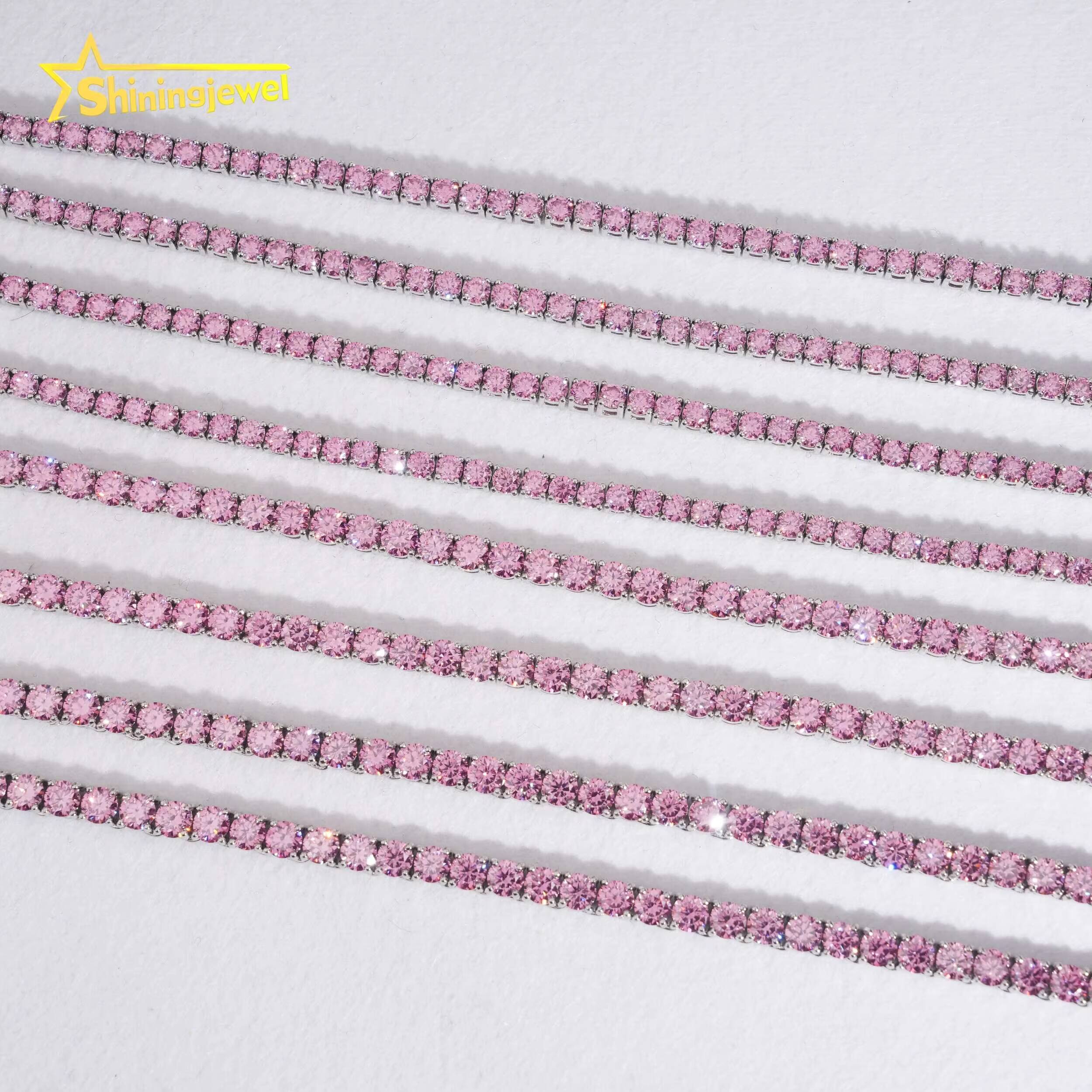 Pass Diamond Tester Pink Moissanite Tennis Necklace Bracelet 3mm 4mm Colorful Tennis Chain 925 Sterling Silver Fine Jewelry