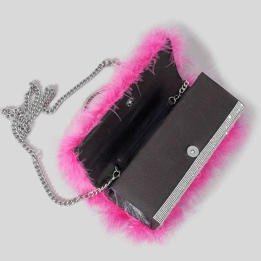 Ostrich Feathers Dias Evening Bags Rhinestone Women Handbag Faux Fur Shoulder Crossbody Bag Glitter Party Small Purse