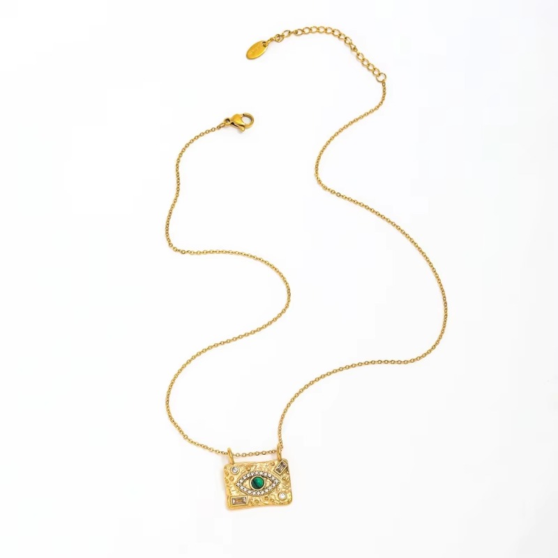 Jewellery Turquoise Eye Design Zircon CZ Pave Pendant Necklace with Matching Ring Stainless Steel Jewelry Set for Special Occasions Gift Textured Acce