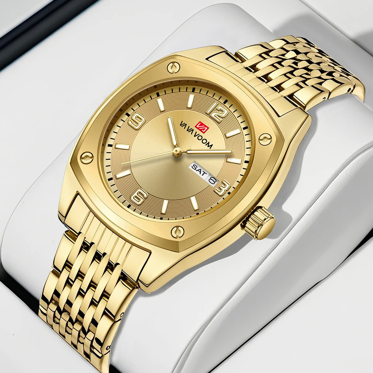 Men Stainless Steel Watch Fashionable Business Style Gold Calendar Quartz Movement Wine Barrel Shaped Casual Sports Watch 250807