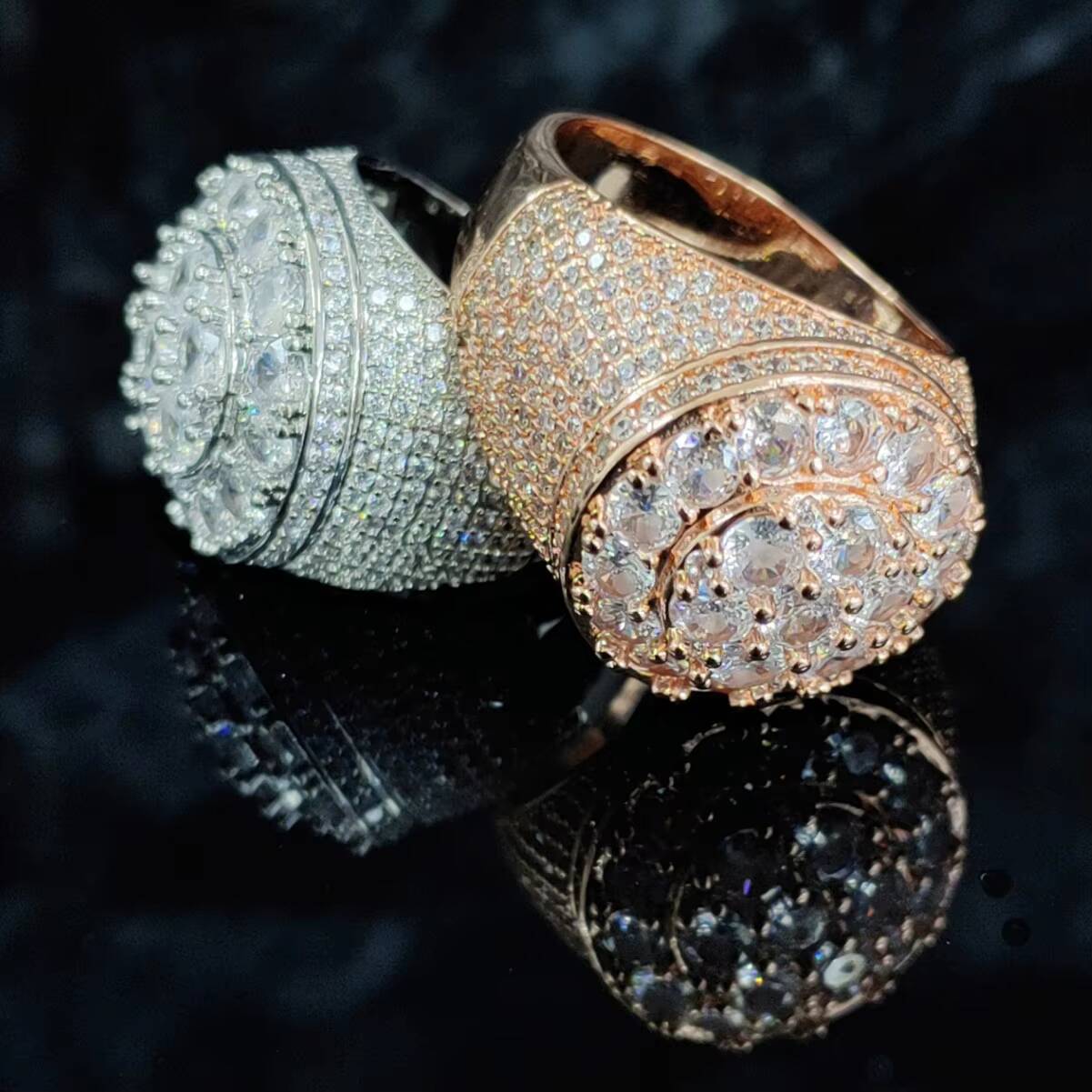 Mens Retro Hip Hop Ring Copper Material Real Gold Plating Diamond Flower Personalized Zircon Jewelry