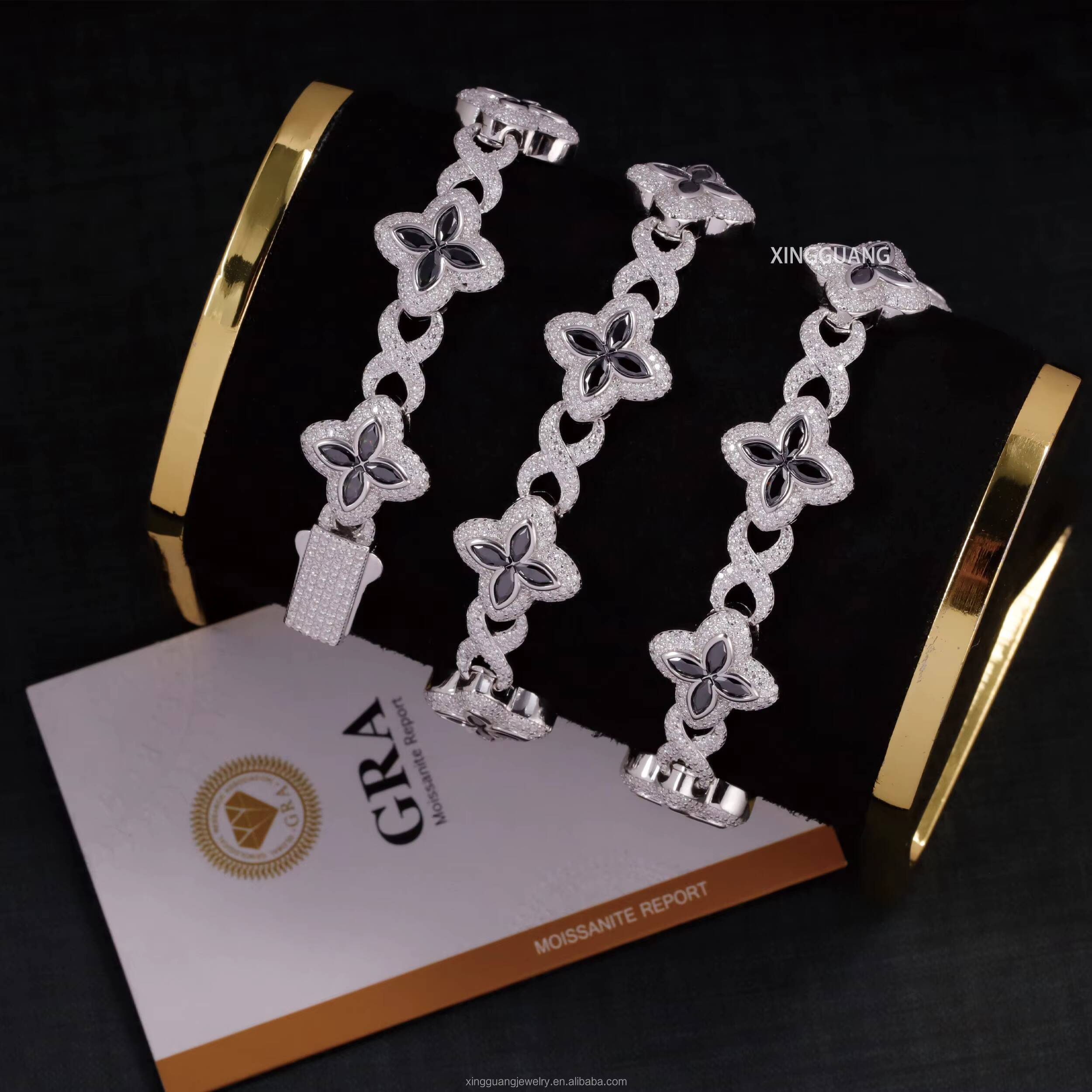 Fashion Black Diamond Marquise Cut Moissanite Clover Charms Infinity Cuban Links 925 Sterling Silver Cuban Link Chain Jewelry