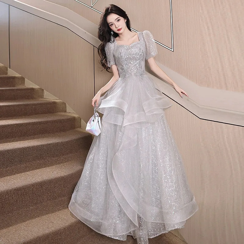 2025 Womens Summer Banquet Grey Mesh Evening Dress Fashion Square Leader Years Presidents Slim Performance Dress 250728