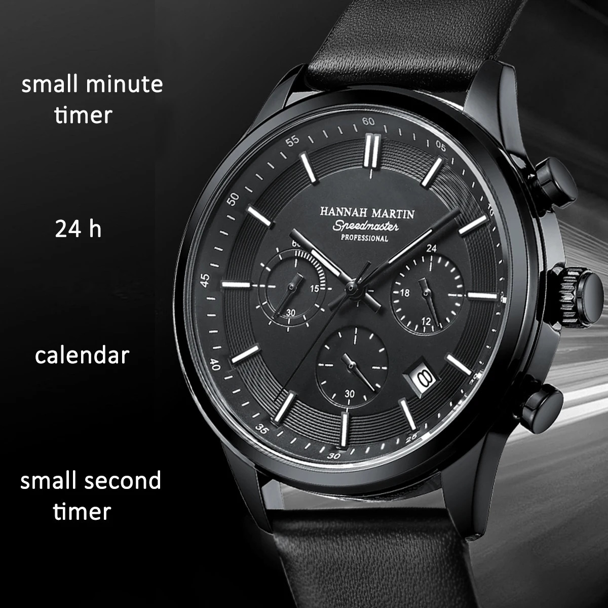 Hannah Martin Men Watch Multifunctional Timing Dial Casual Sports Leather Original Quartz Movement Business Watch for Men 250807