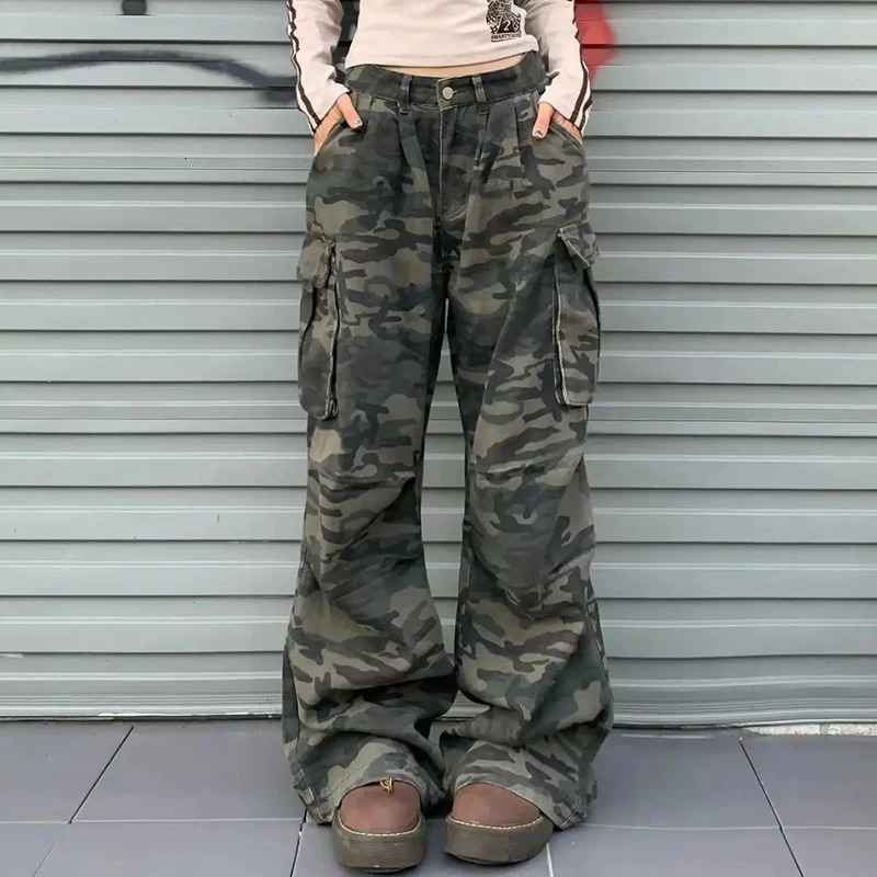 Women Y2K Camouflage Cargo Jeans Vintage High Waist Hip Hop Wide Leg Pants Female Street Wear Baggy Straight Denim Trouser 250804