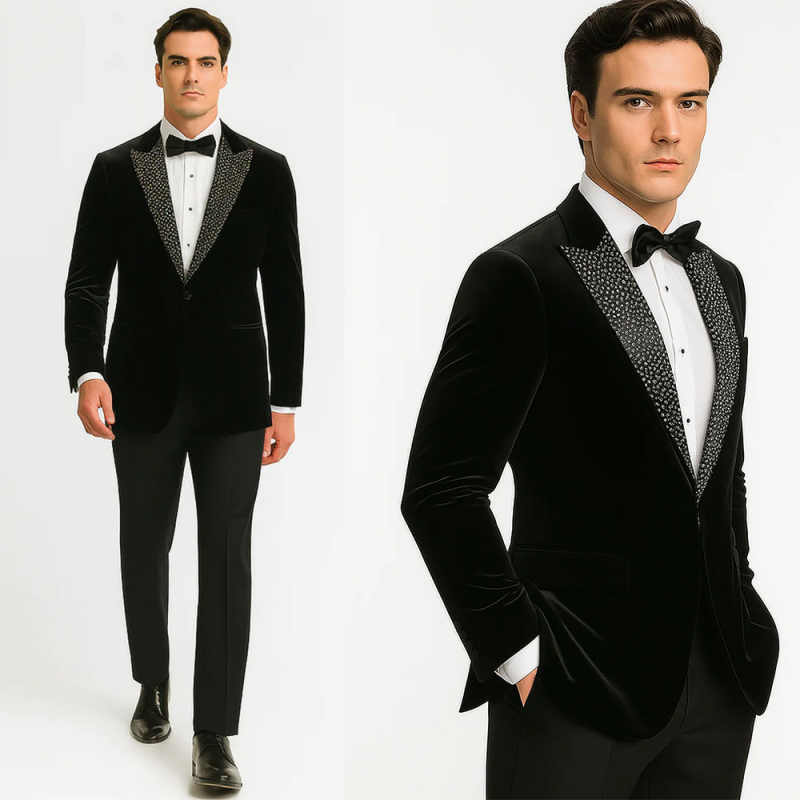 Luxury Black Peaked Lapel One Button Blazer Trousers Beaded Party Wear Male Suits Wedding Costume Homme Slim Fit Outfit 2Pcs Jacket Pants