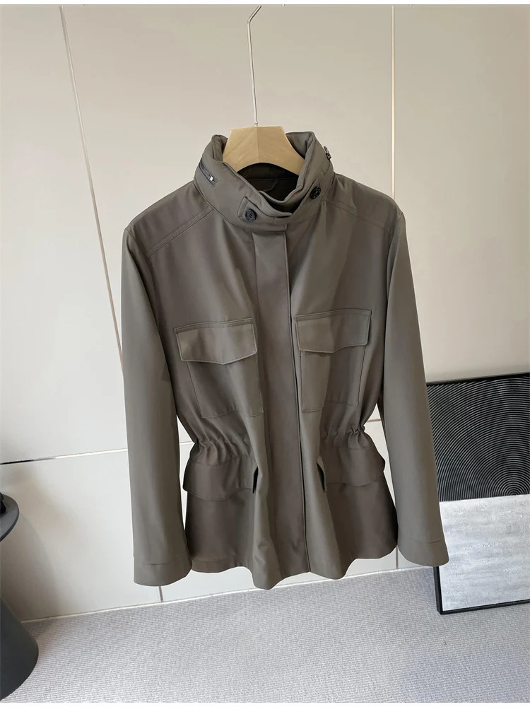 Womens Waterproof Windproof Pocket Waist Short Windbreaker Jacket 250728