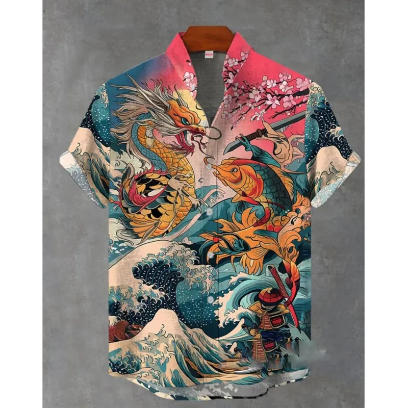 Mens Shirt 3D Printed Linen Casual Short Sleeved Top Fashionable Lapel Button Up Tshirt 250731