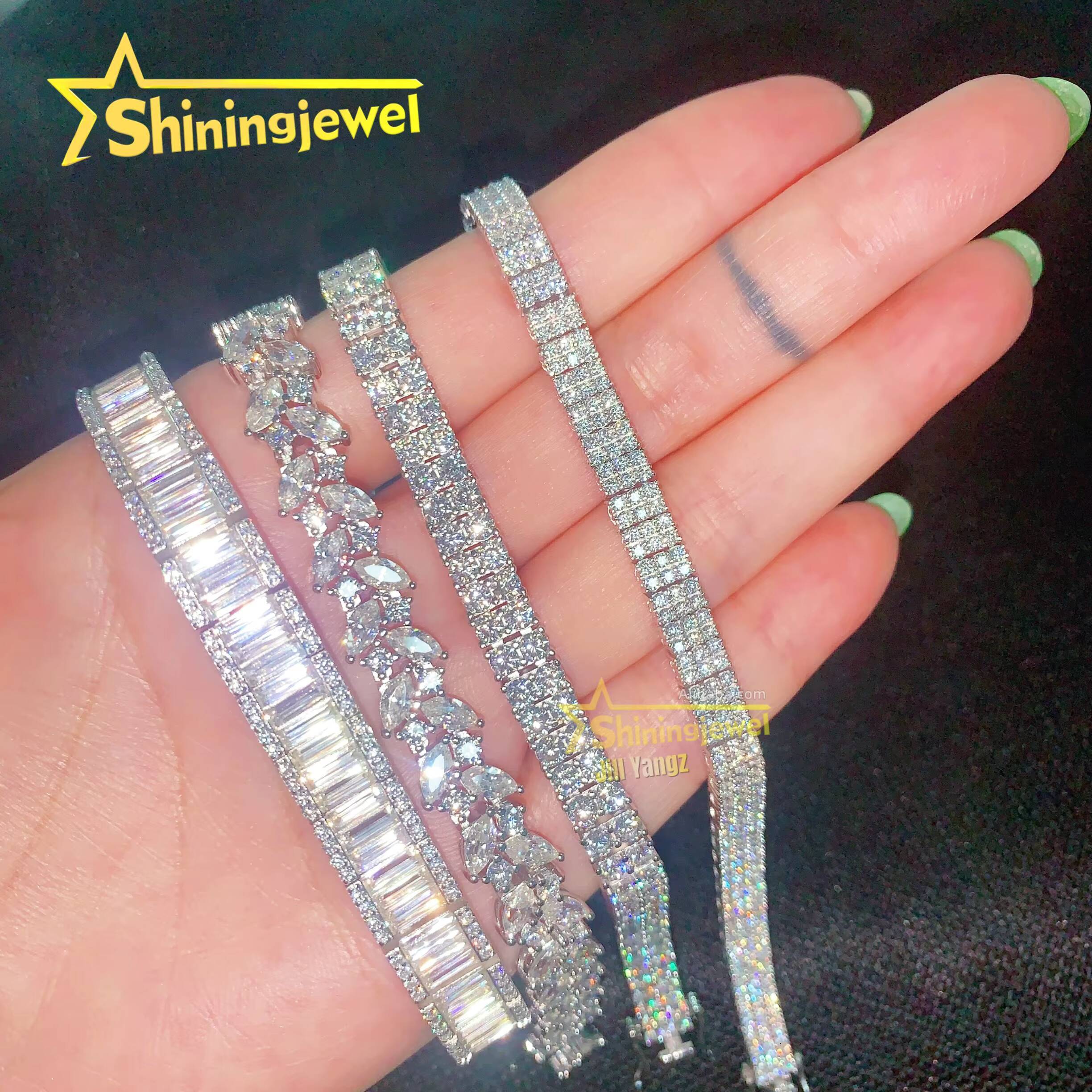 Luxury Fancy Cut Moissanite Cuban Bracelet Ready Stock Hip Hop Rock Moissanite 925 Silver Diamond Cuban Link Chain