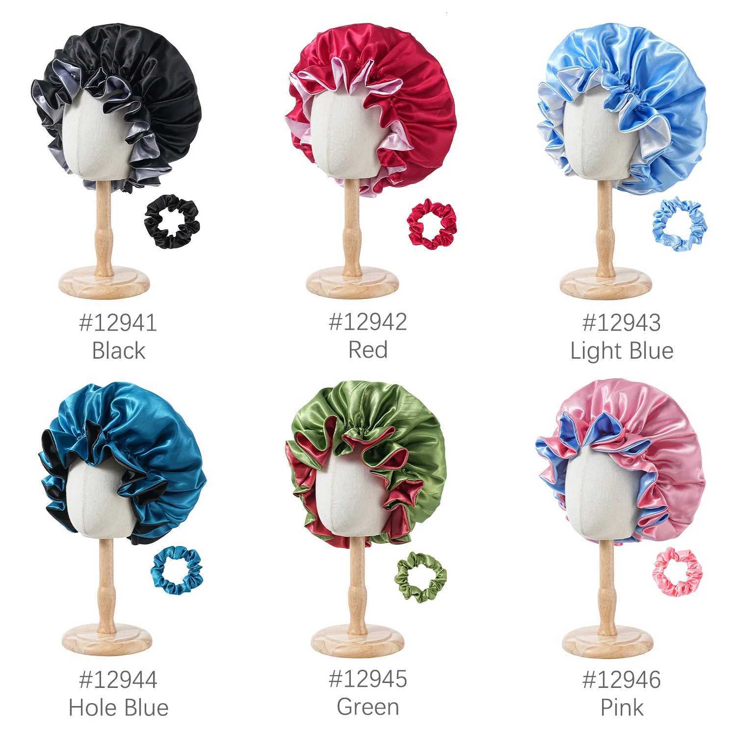 Satin Bonnet Double Layer Colorful Big Flower Edge Sleep Cap Extra Large Round Cap Hair Protective and Breathable Z250808