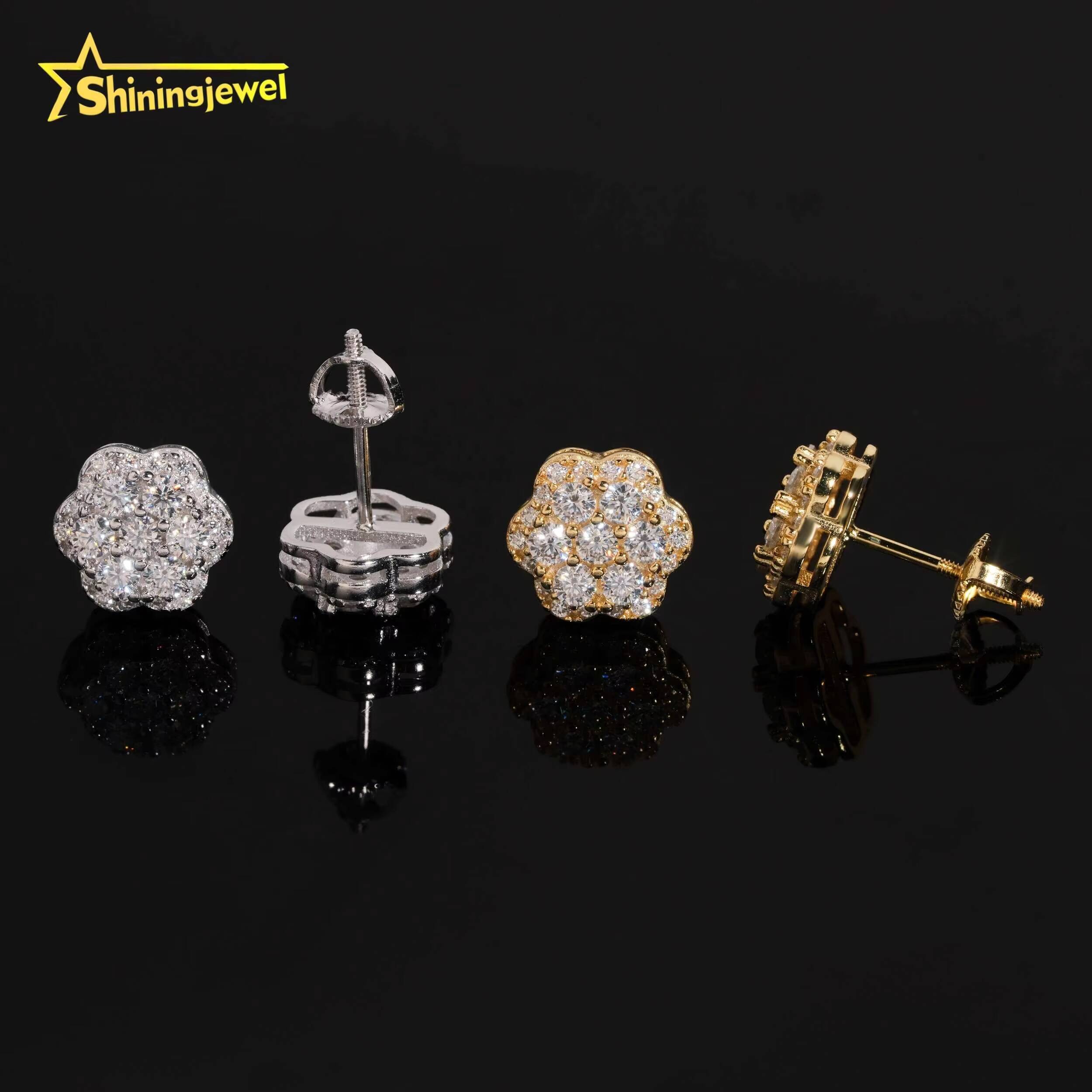 High Quality 925 Sterling Silver Flower Iced Out Diamond Hip Hop Screw Back Moissanite Stud Earrings
