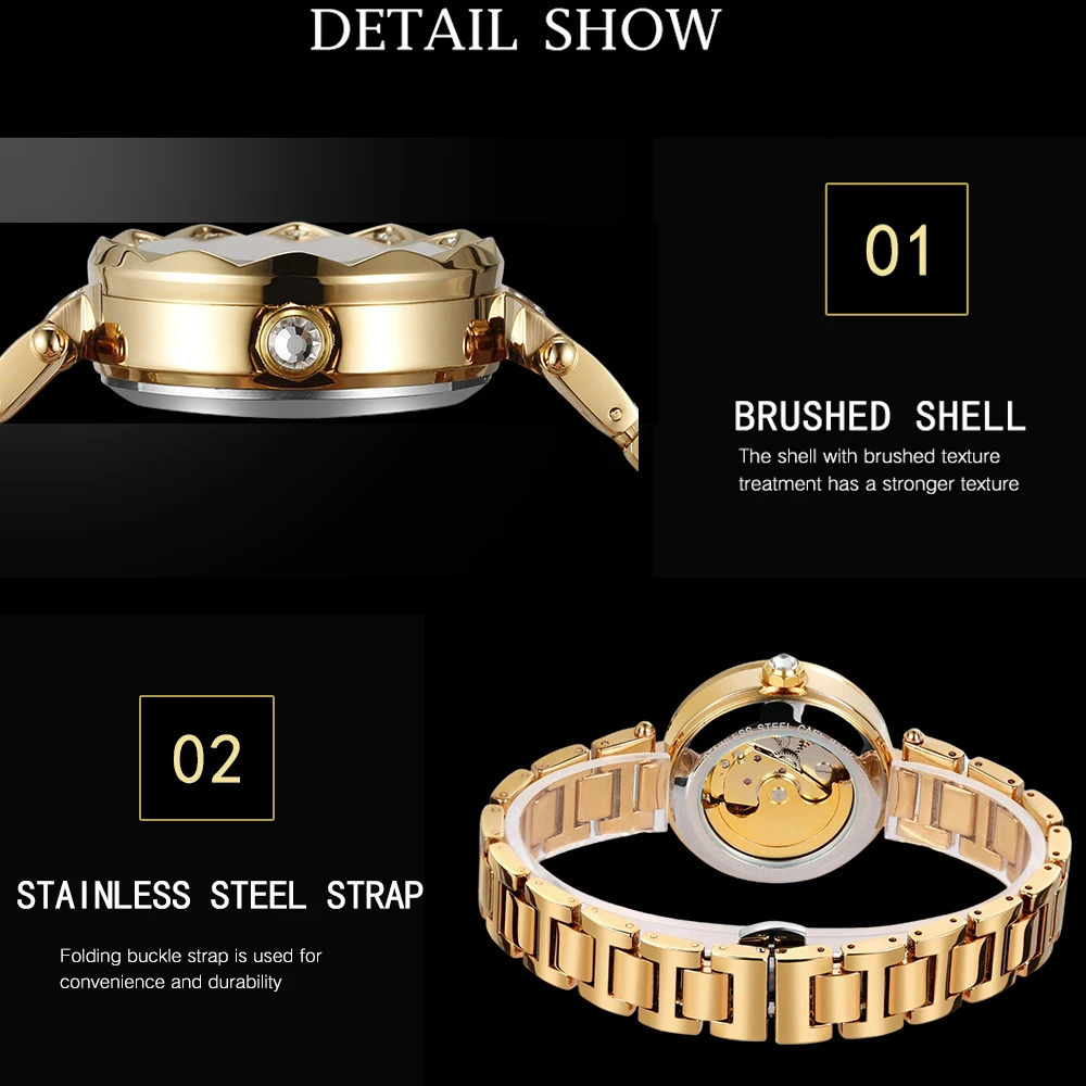 FORSINING Retro Women Automatic Mechanical Watch Skeleton Rhinestone Luminous Pointers Stainless Steel Stylish Female Wristwatch 250807